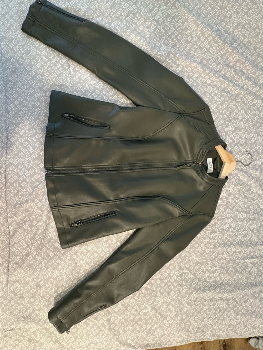 Women's Green Faux Leather Zip Jacket